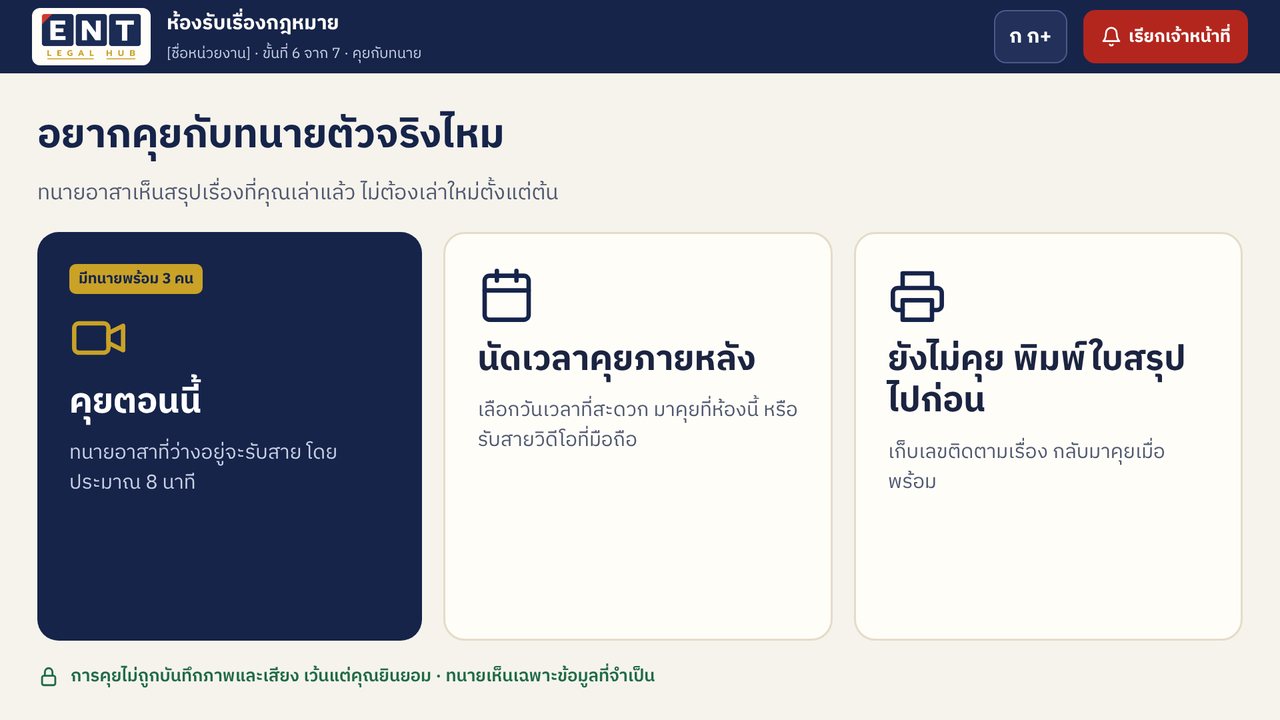 ขั้นที่ 1: เลือกคุยตอนนี้ นัดเวลา หรือพิมพ์ใบสรุปไปก่อน